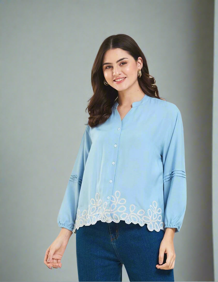 Light Blue Embroidered Full Sleeves Regular Rayon Shirt
