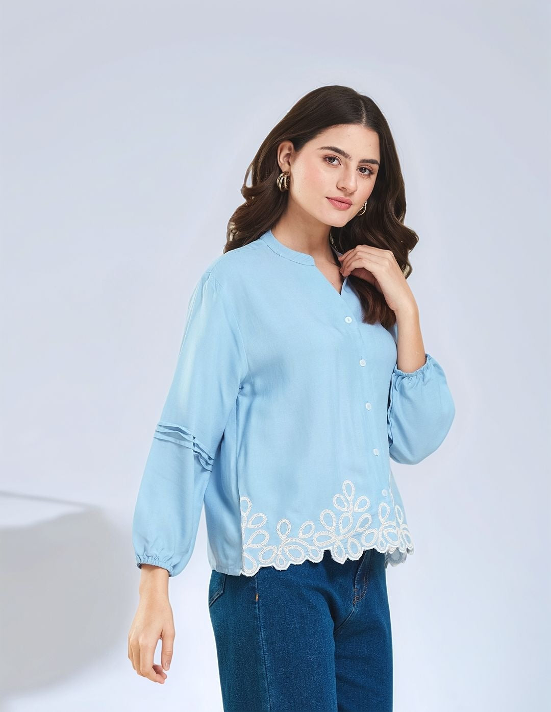 Light Blue Embroidered Full Sleeves Regular Rayon Shirt