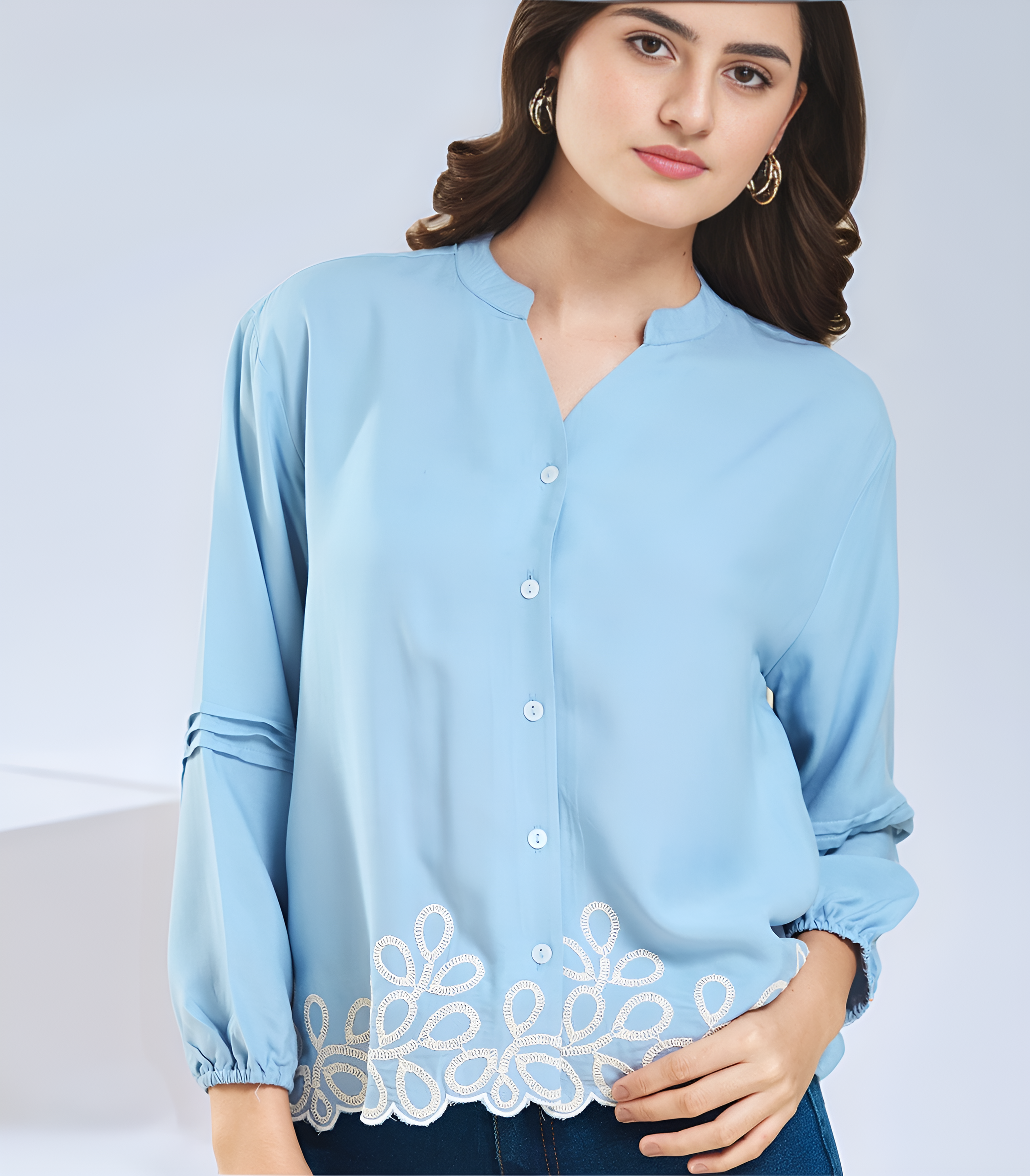 Light Blue Embroidered Full Sleeves Regular Rayon Shirt