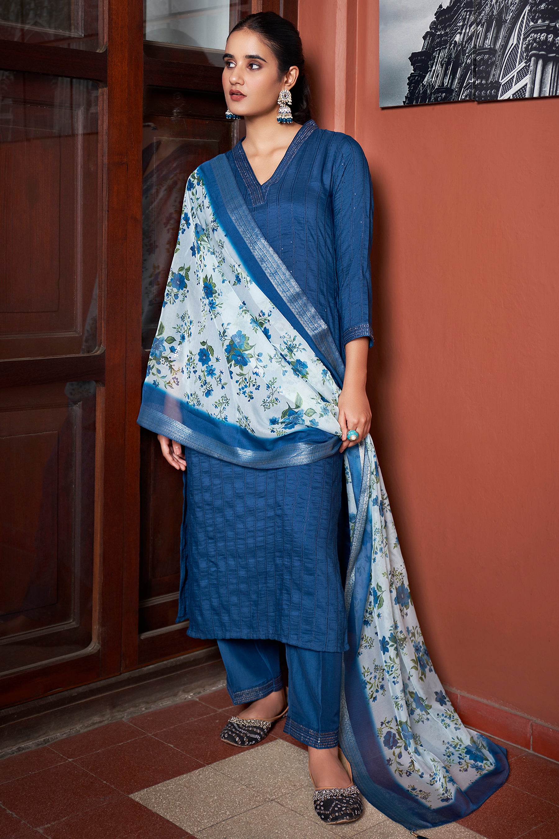 Teal Blue Chinon Embroidered Straight Kurta & Printed Dupatta Set