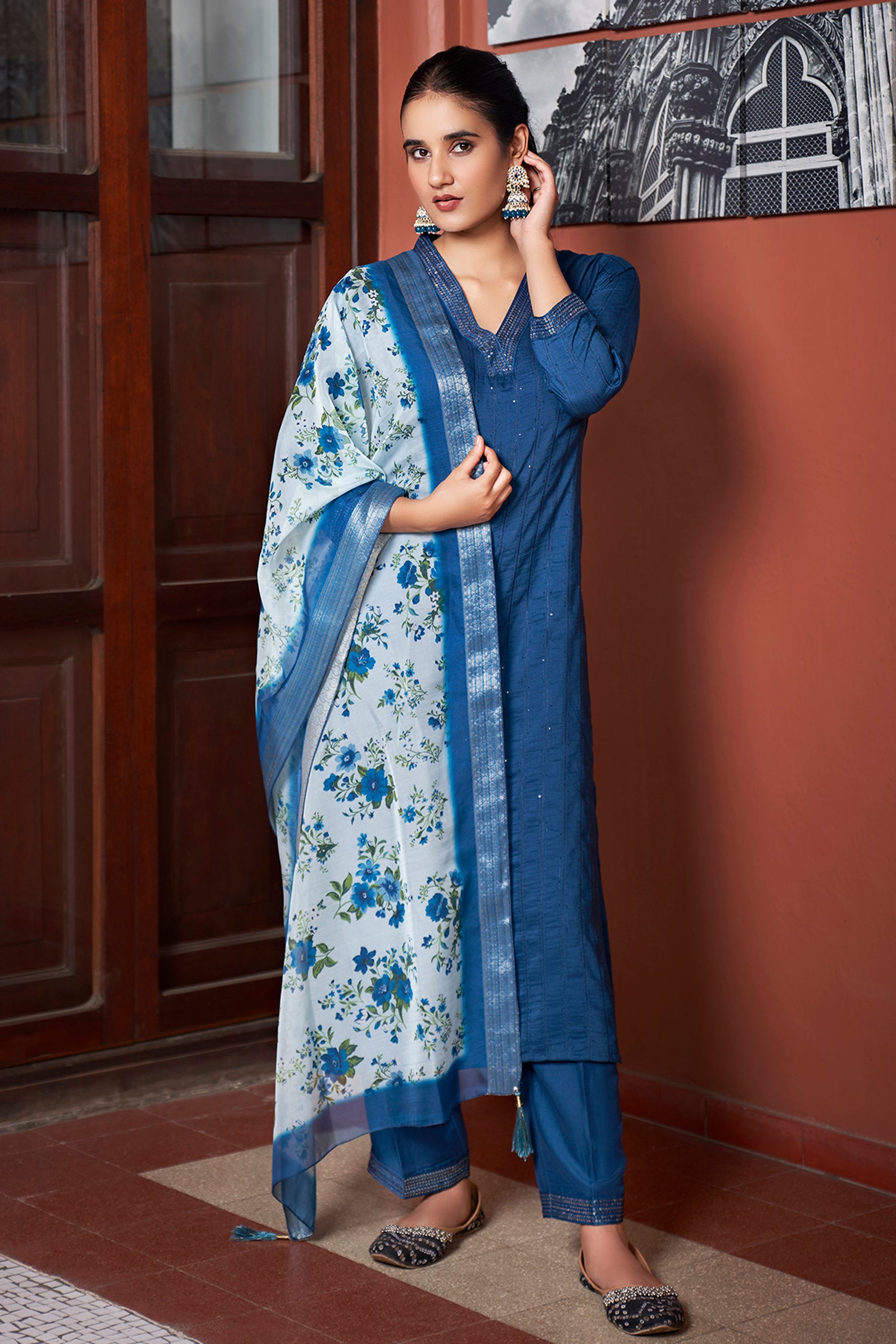Teal Blue Chinon Embroidered Straight Kurta & Printed Dupatta Set