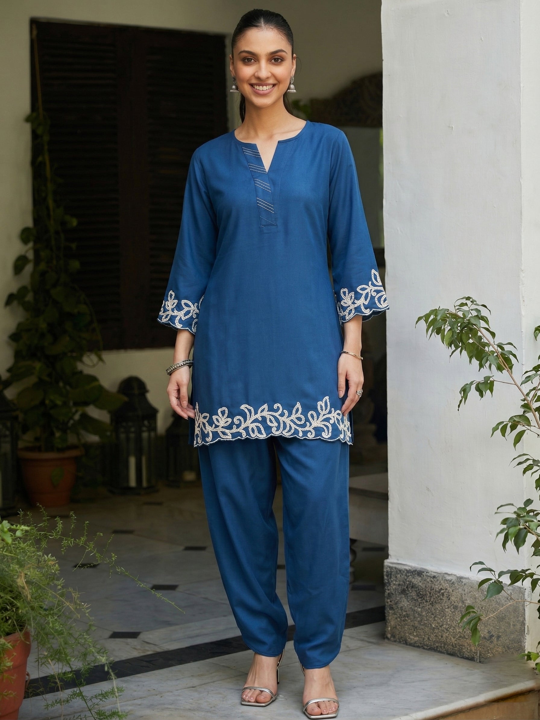 Teal Blue Rayon Embroidered Co-ord Set for Women