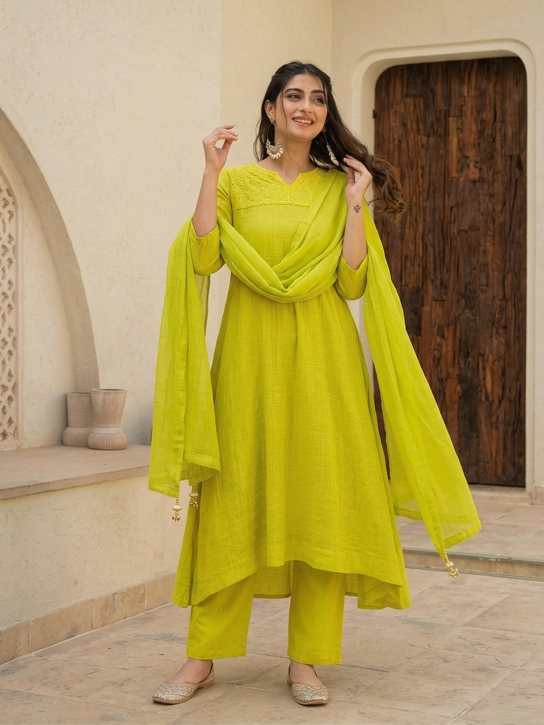Trendy Neon Cotton Anarkali Suit Set With Dupatta for Women