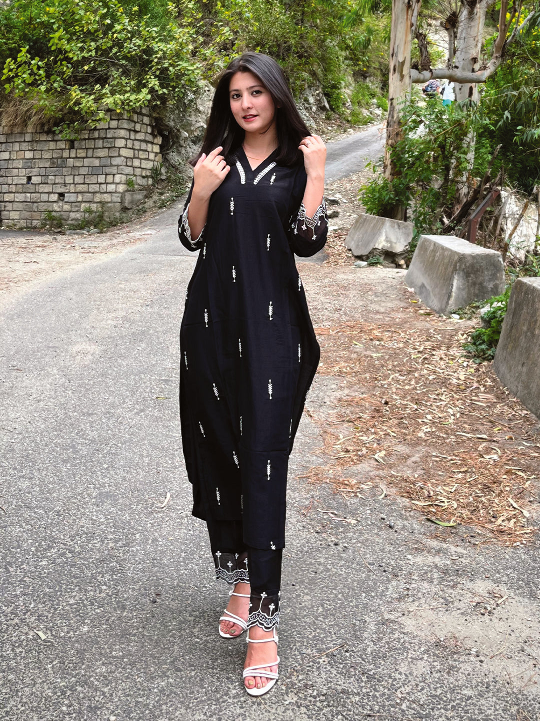 Black Chinon Embroidered Co-ord Set | embroidered co ord sets for women | frontside full view