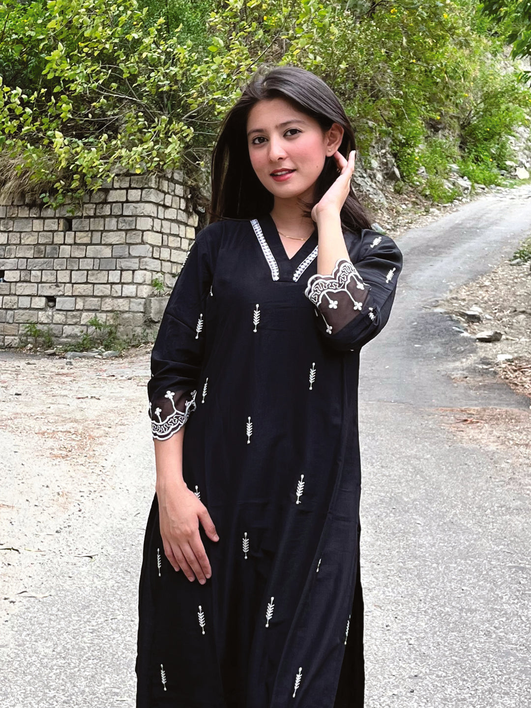 Black Chinon Embroidered Co-ord Set | embroidered co ord sets for women | frontside half view