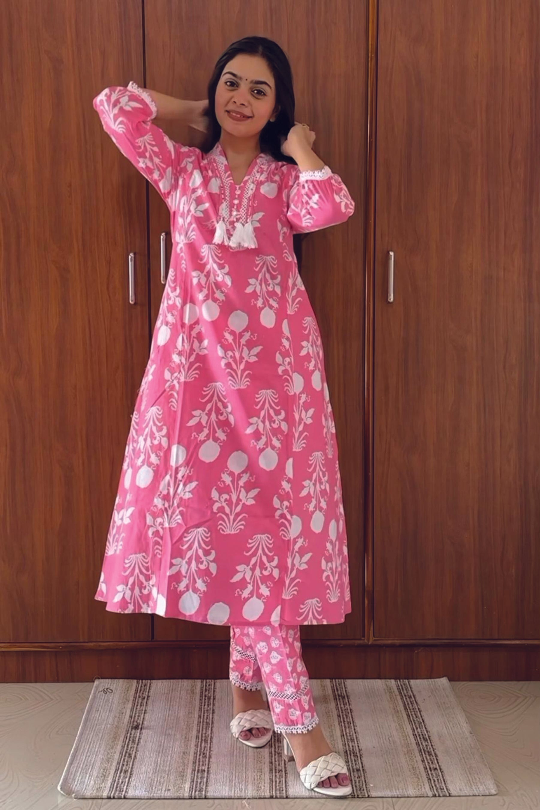 Pink Cotton Printed Handwork Co-ord Set