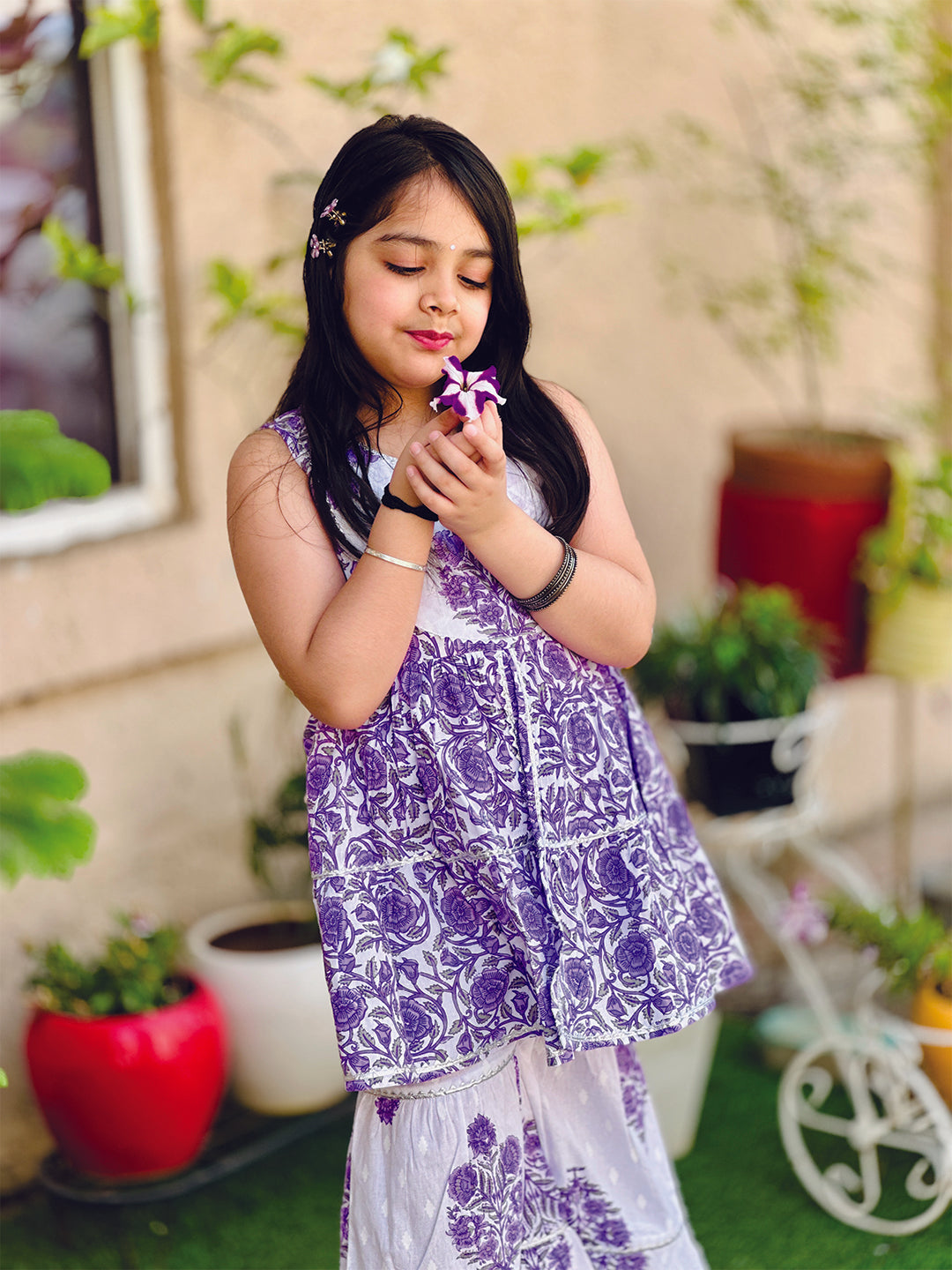 Girls Lavender Cotton Printed Kurta Sharara Set