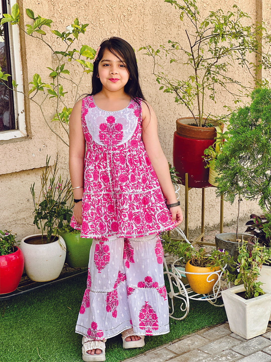 Girls Pink Cotton Printed Kurta Sharara Set