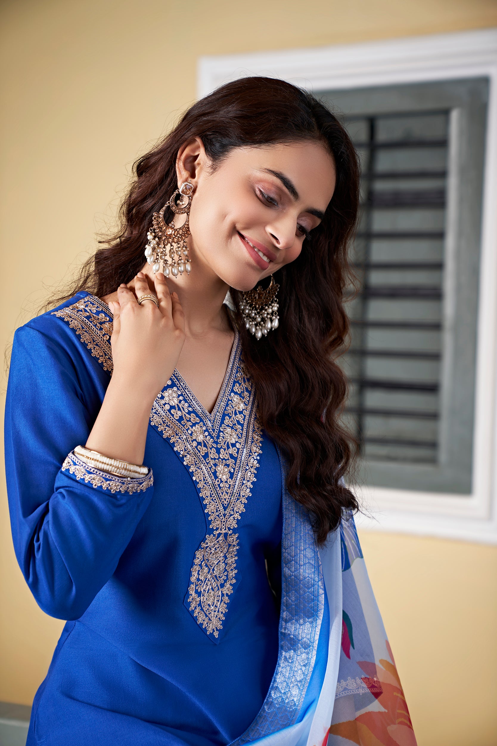 Royal Blue Chinon embroidered Straight kurta Set