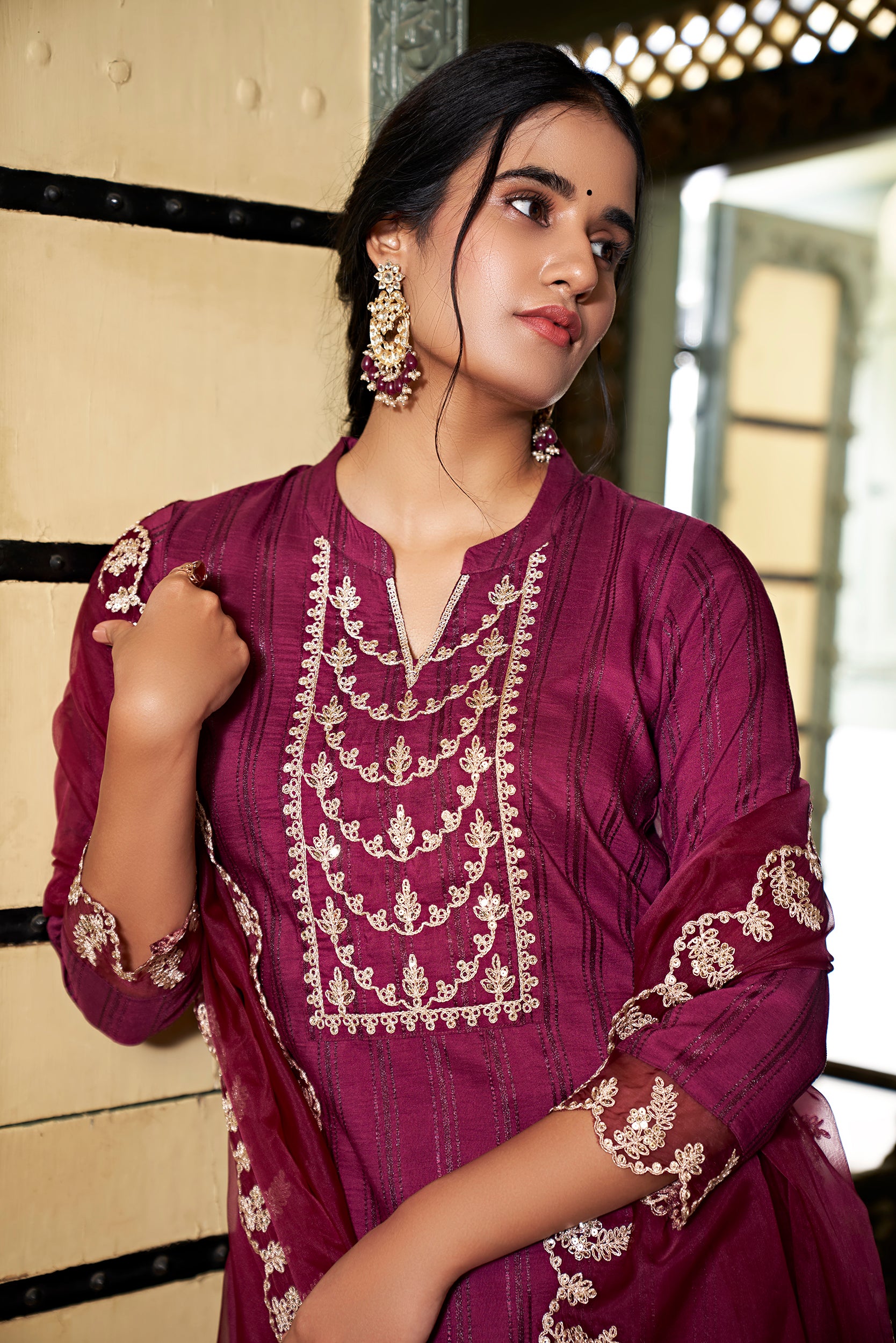 Wine Chinon Embroidered Straight kurta Set