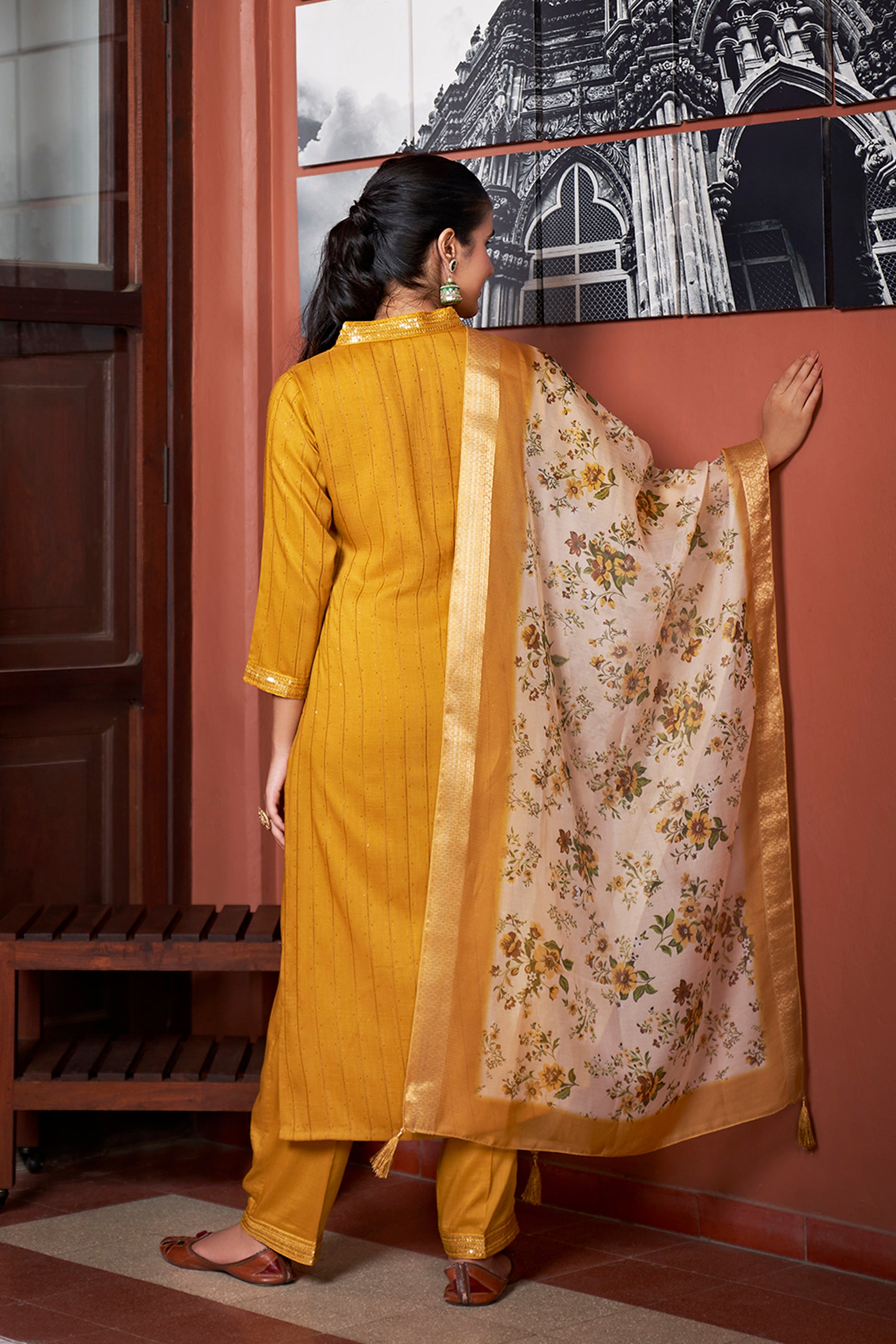 Mustard Chinon Embroidered Straight Kurta & Printed Dupatta Set