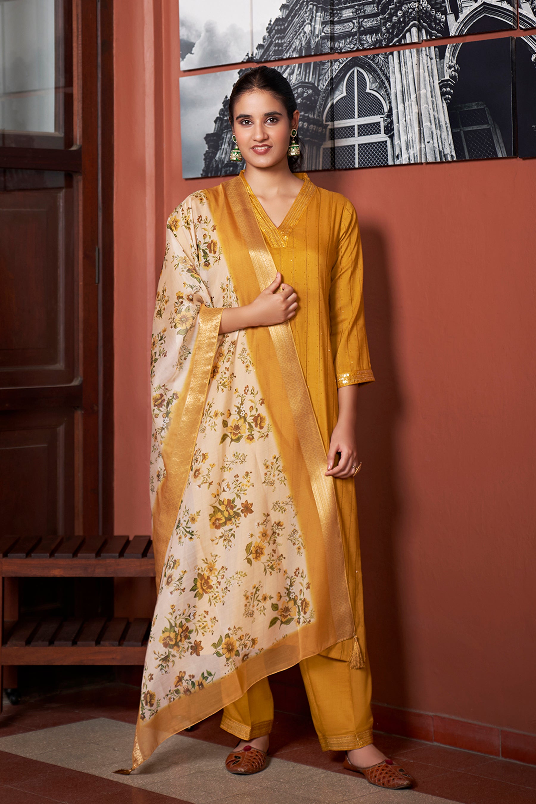 Mustard Chinon Embroidered Straight Kurta & Printed Dupatta Set