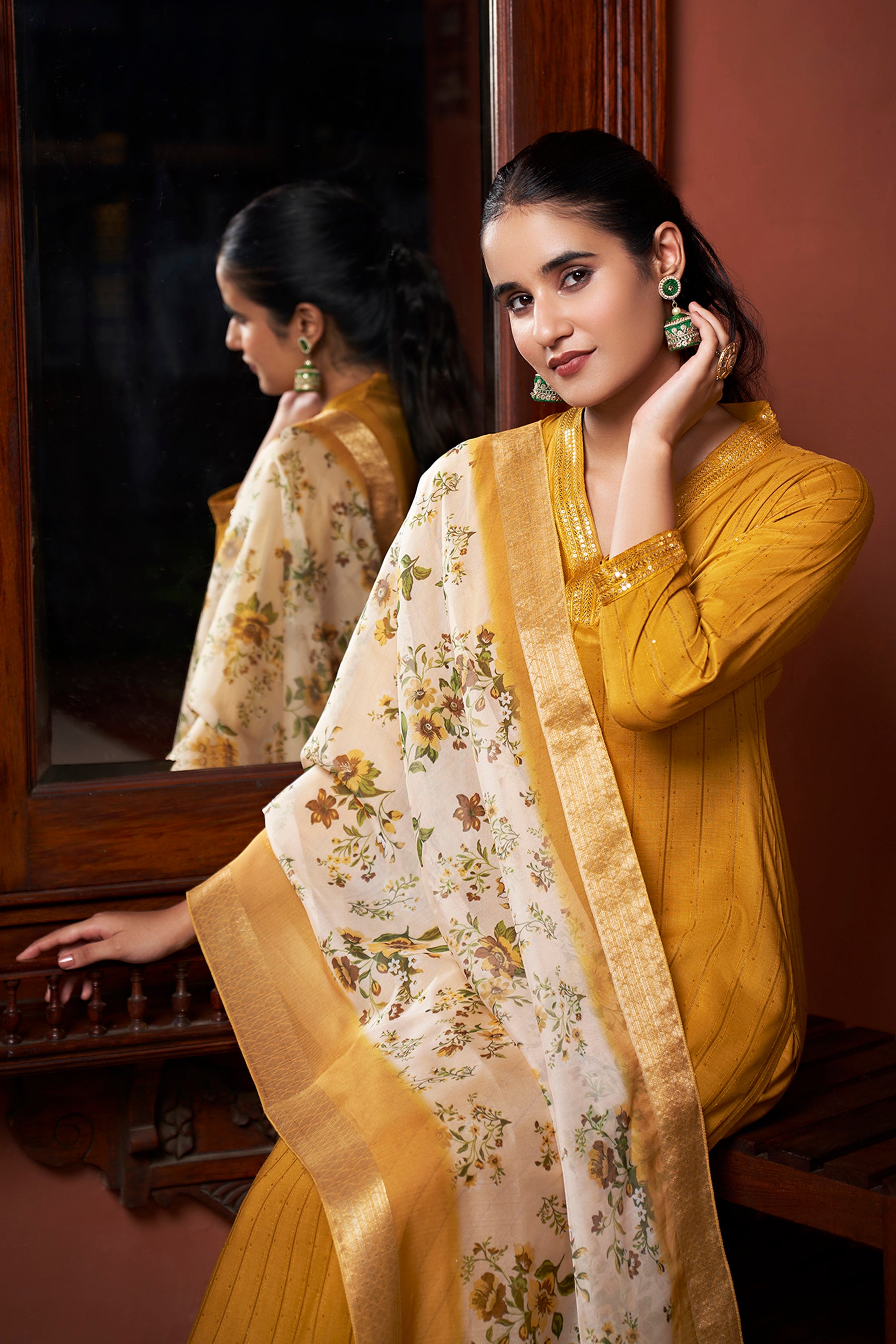 Mustard Chinon Embroidered Straight Kurta & Printed Dupatta Set