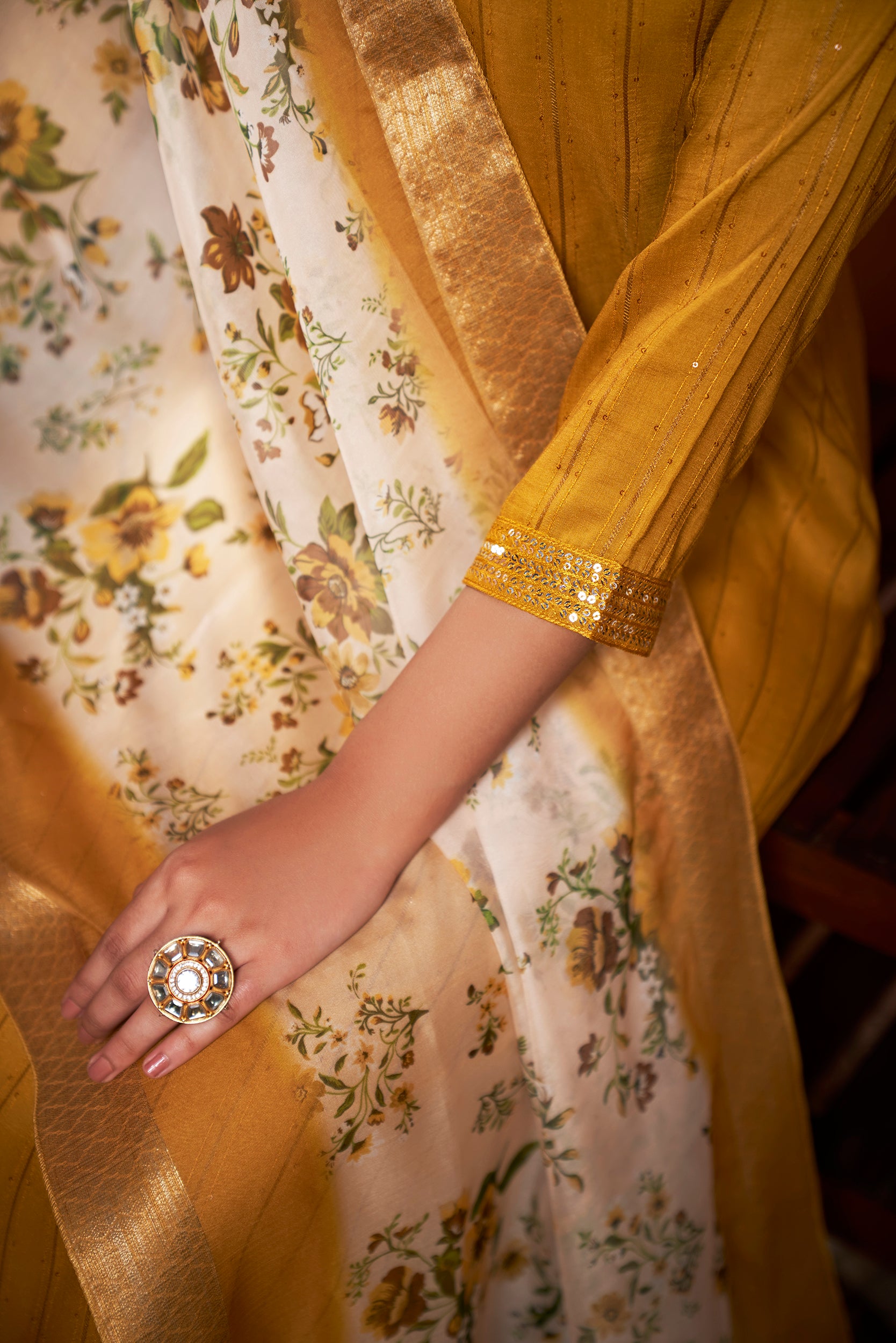 Mustard Chinon Embroidered Straight Kurta & Printed Dupatta Set