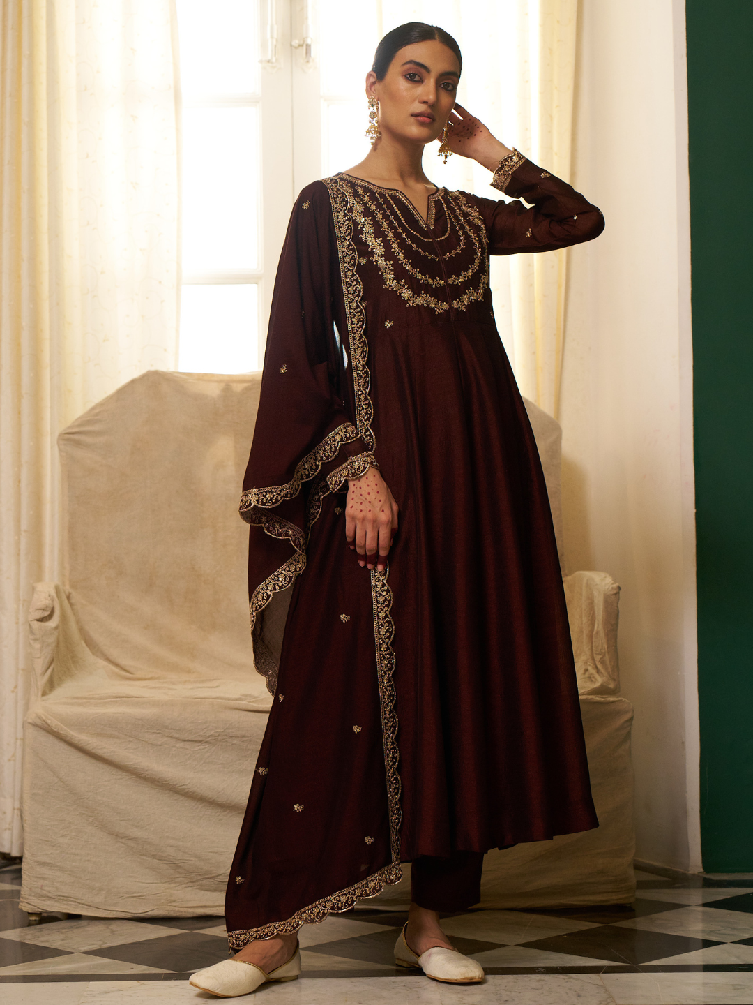 Brown Embroidered Silk Blend Anarkali Kurta With Dupatta Set