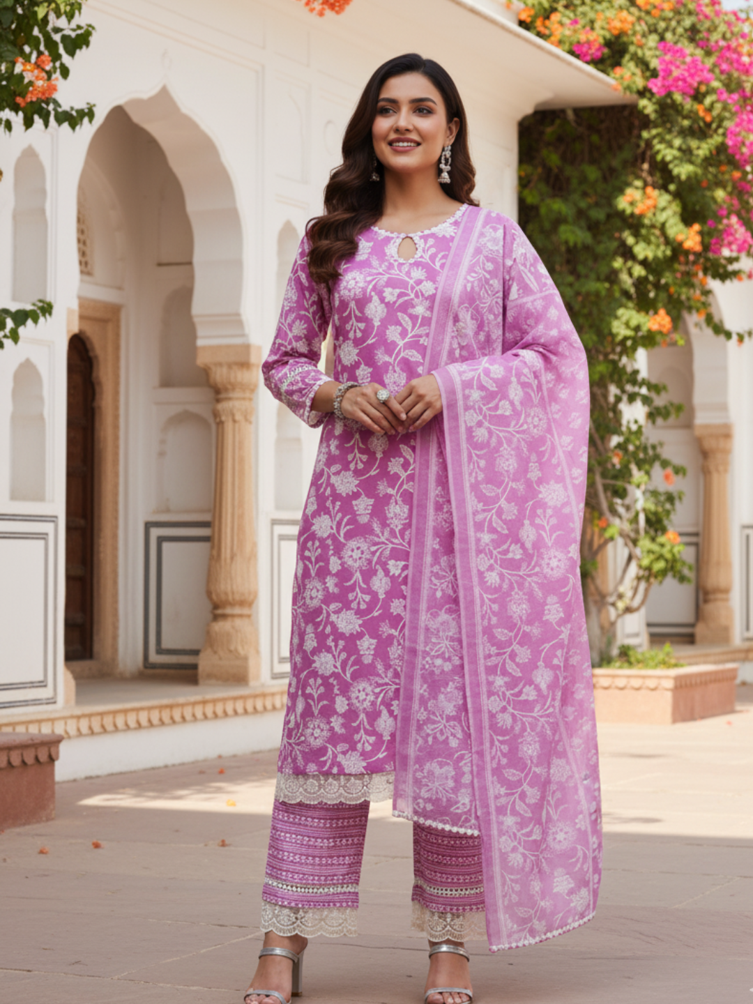 Purple Floral Print Embroidered Cotton Kurta & Dupatta Set