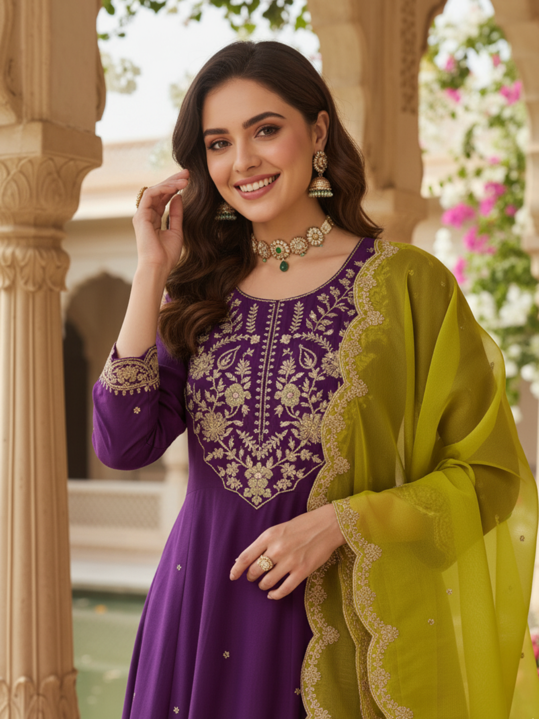 Purple Embroidered Anarkali Kurta With Dupatta Set