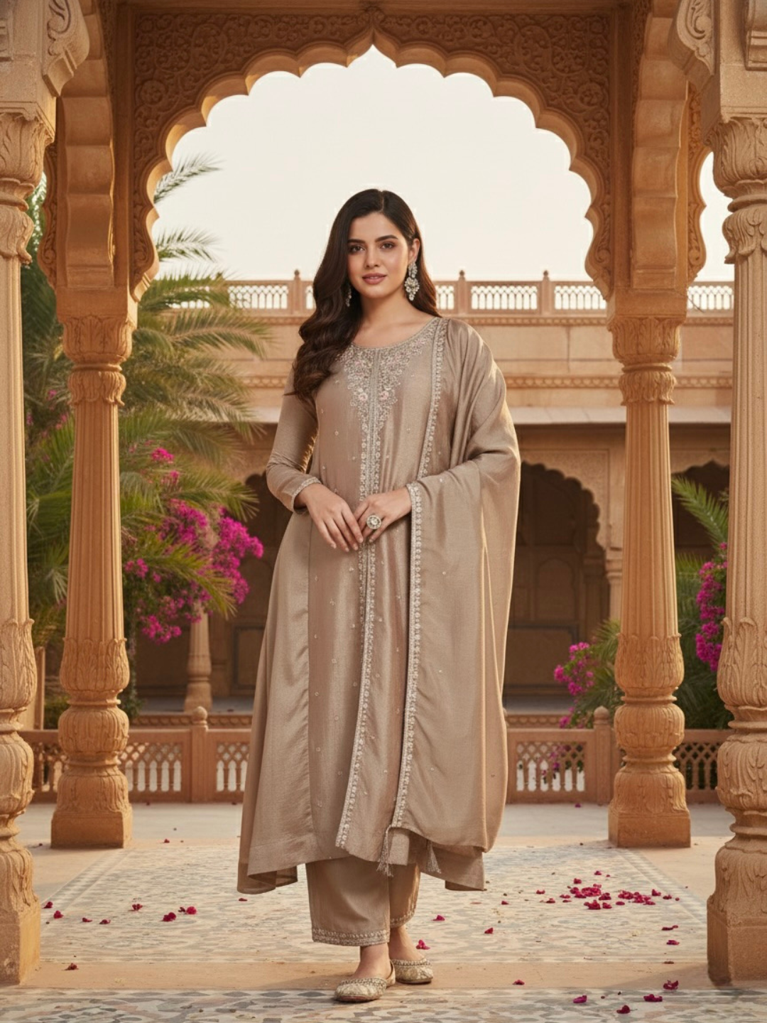 Grey Embroidered Silk Anarkali Kurta With Dupatta Set