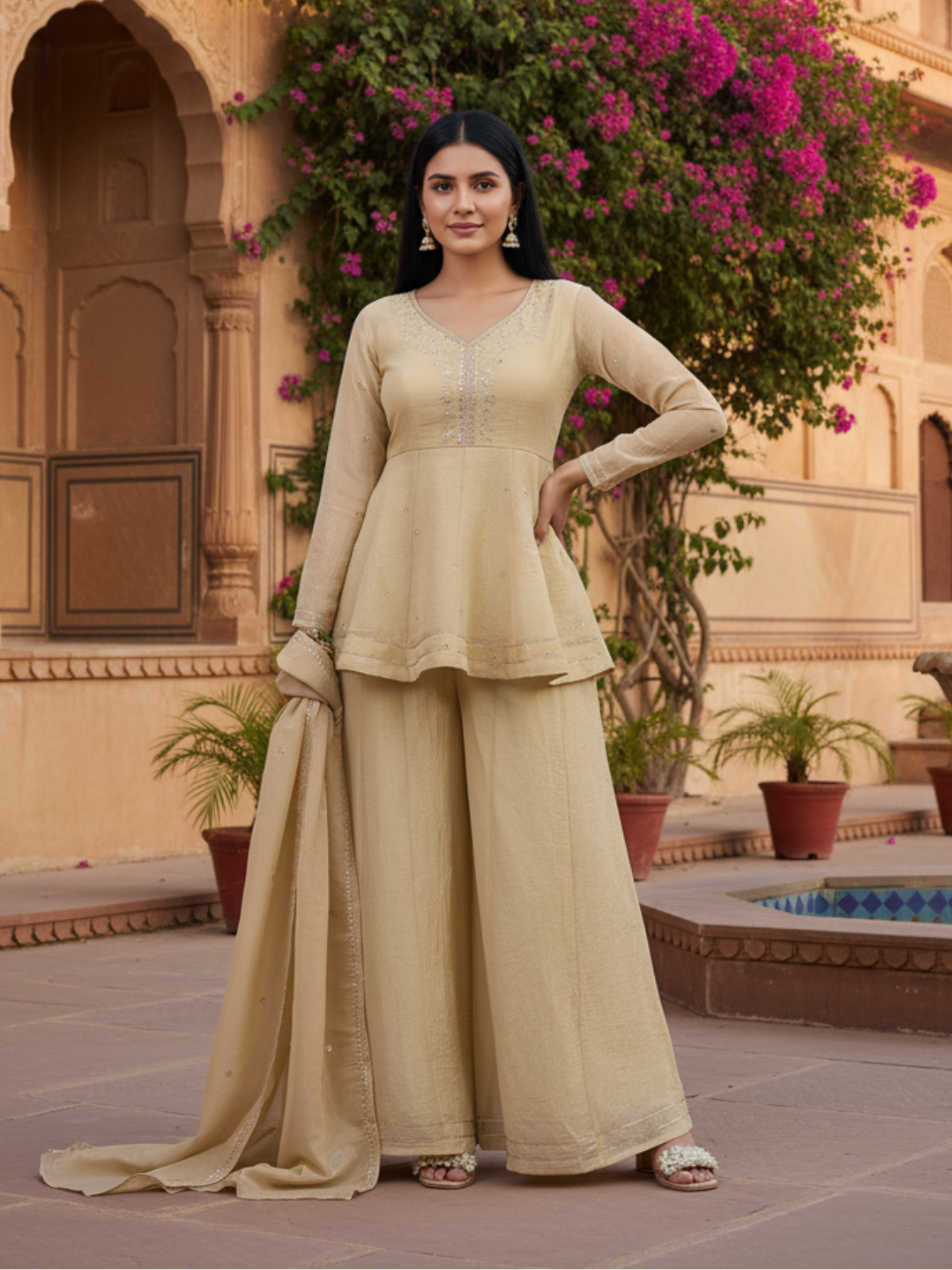 Off White Embroidered Peplum Top with Sharara Set