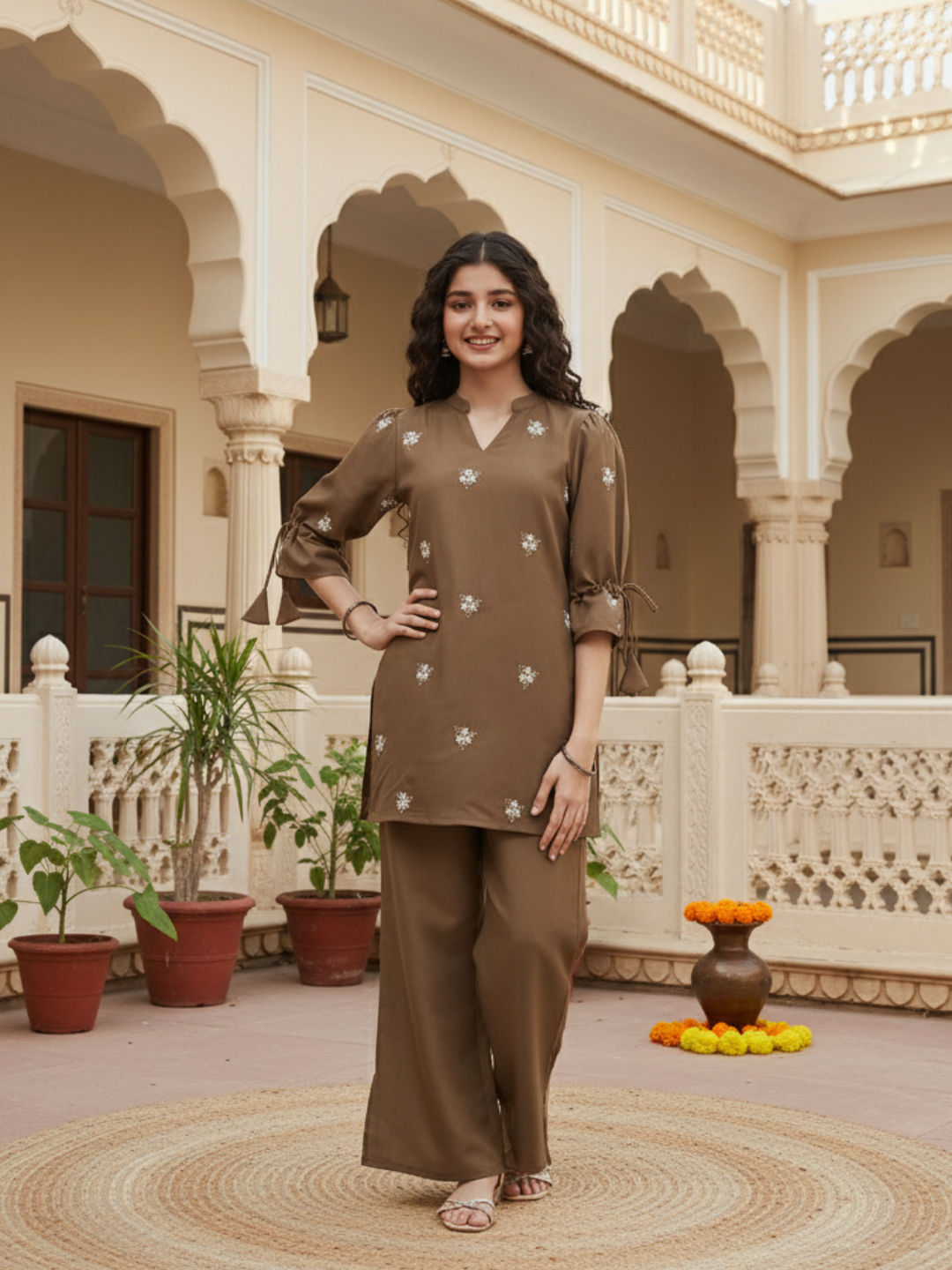 Caramel Viscose Blend Embroidered Top & Pant Set for Girls