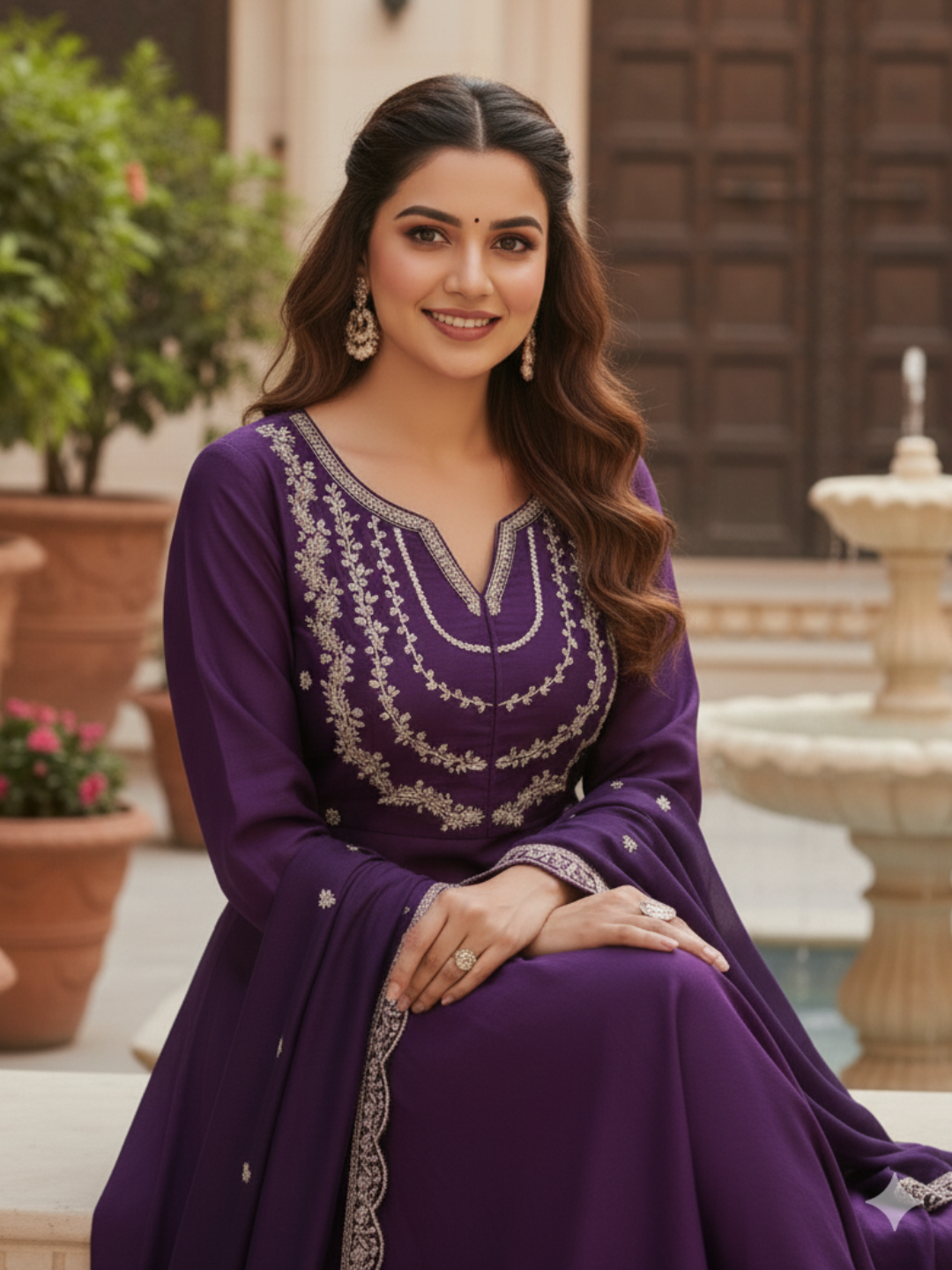 Violet Embroidered Silk Blend Anarkali Kurta With Dupatta Set