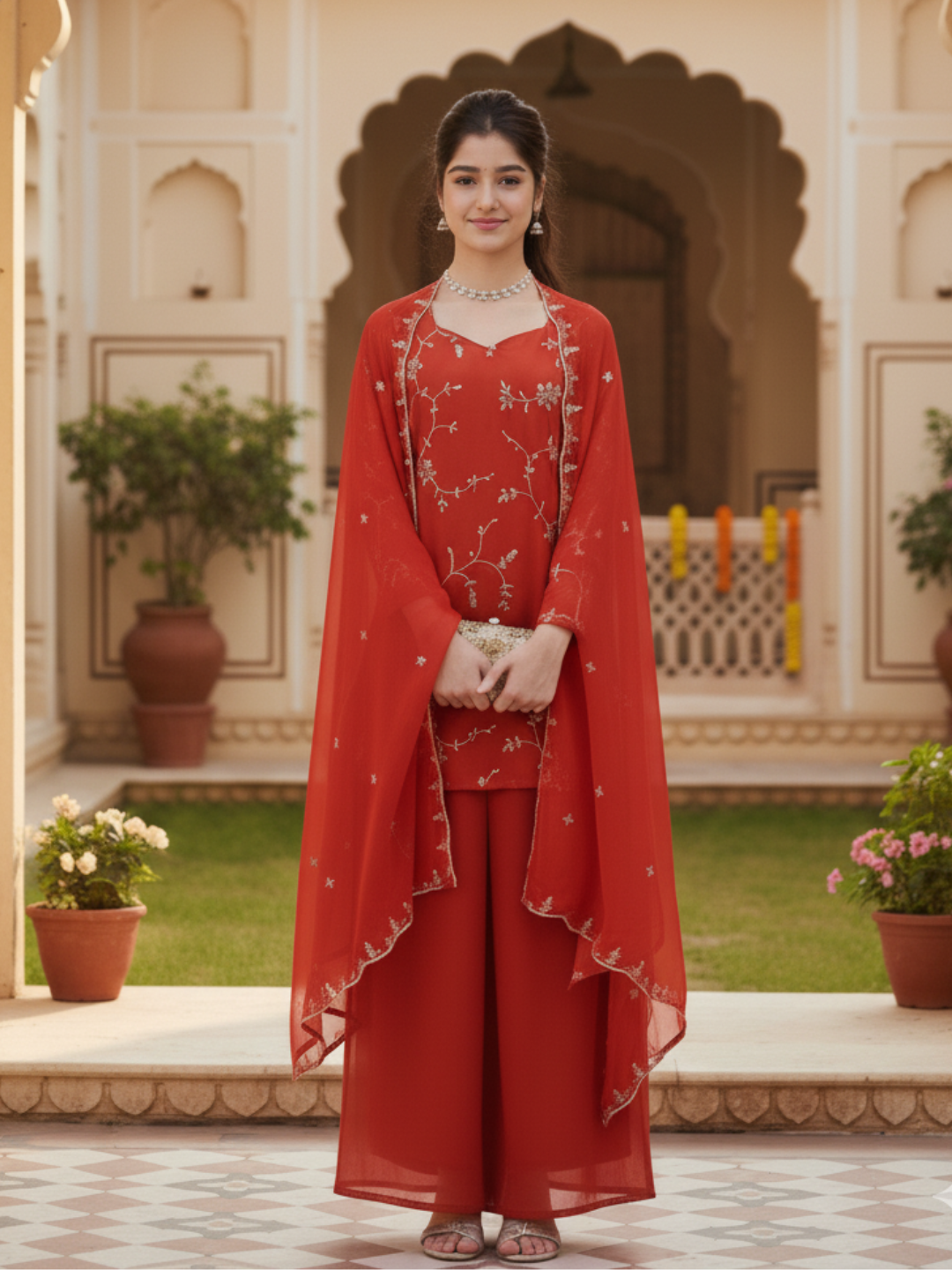 Orange Georgette Embroidered Kurta Plazzo & Dupatta Set for Girls