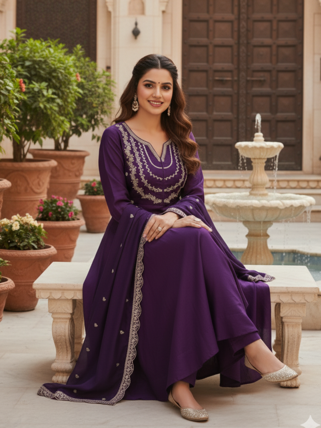 Violet Embroidered Silk Blend Anarkali Kurta With Dupatta Set