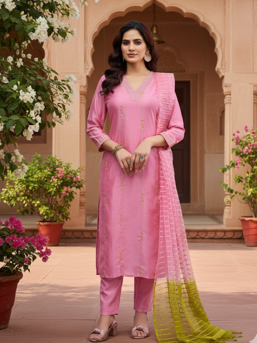 Pink Embroidered Silk Kurta with Dupatta Set