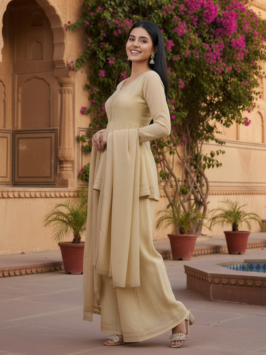 Off White Embroidered Peplum Top with Sharara Set