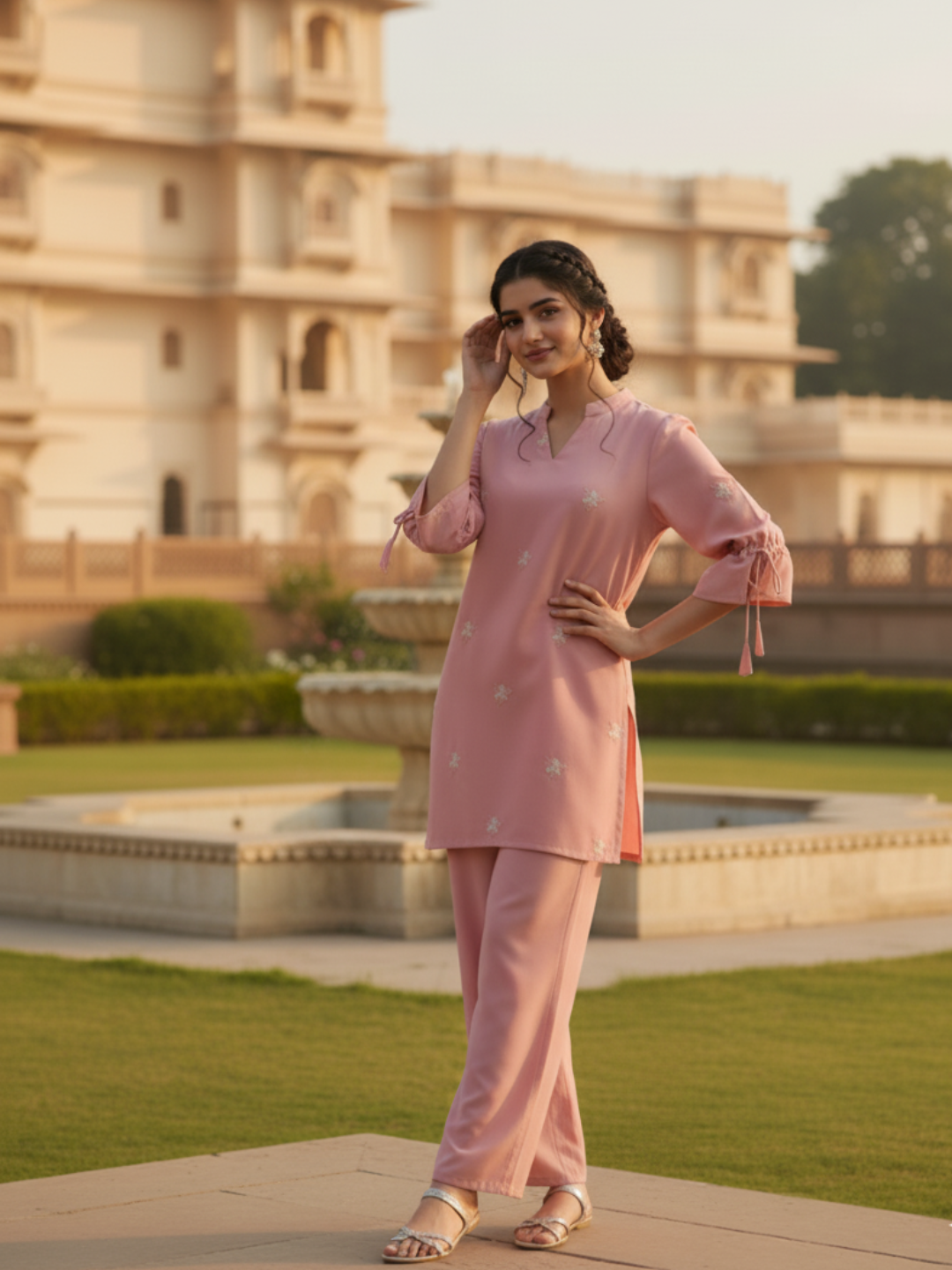 Pink Viscose Blend Embroidered Co-ords Set for Girls