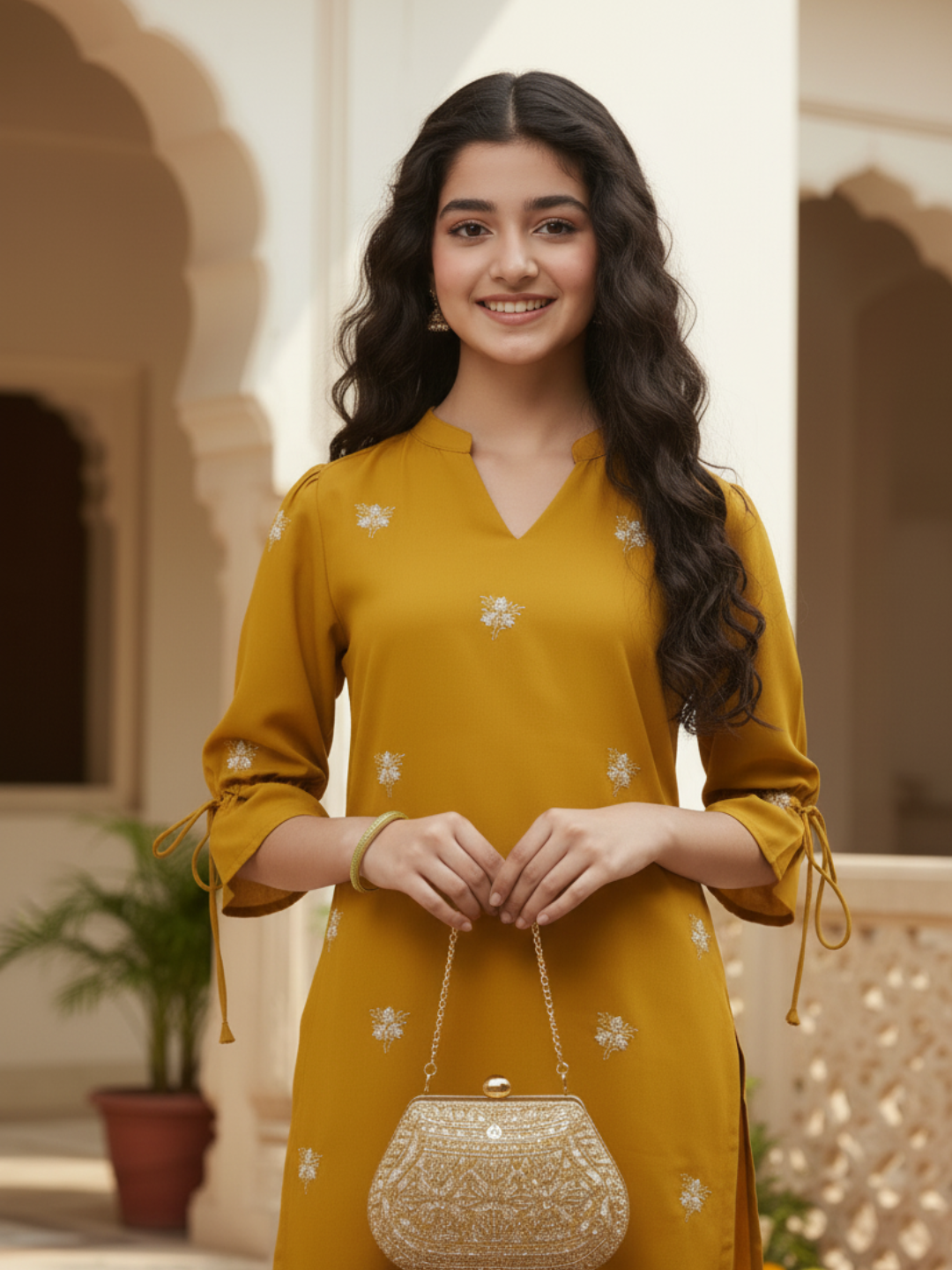 Yellow Viscose Blend Embroidered Top & Pant Set for Girls | half image