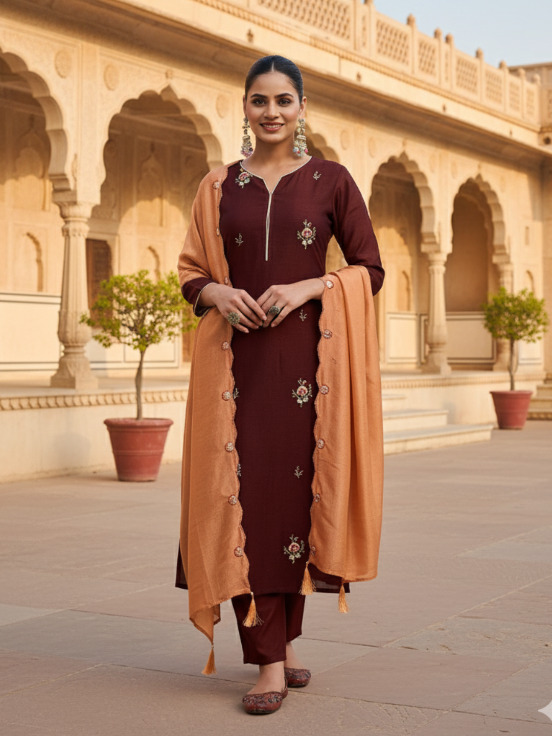 Coffee Embroidered Chinon Kurta with Dupatta Set| front full side