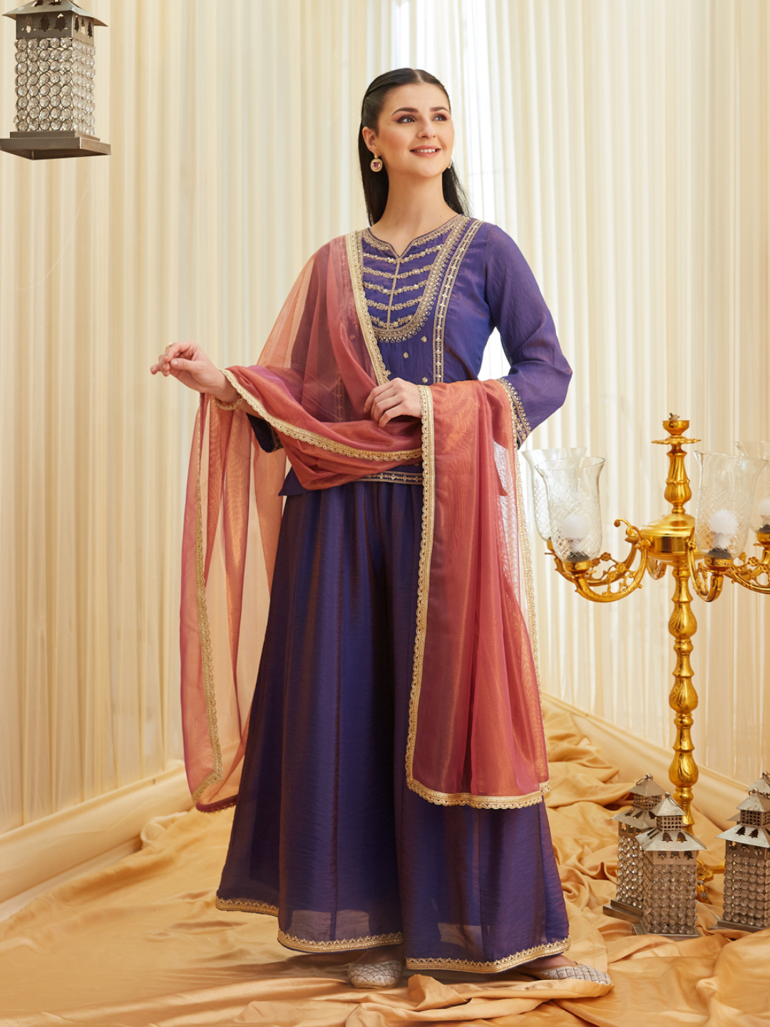 Violet Silk Embroidered Top Sharara Set with Dupatta | front side full view