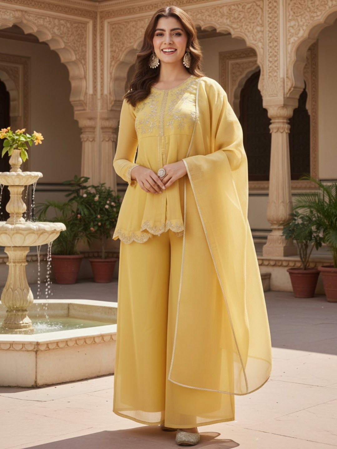 Yellow Silk Embroidered Top Sharara Set with Dupatta