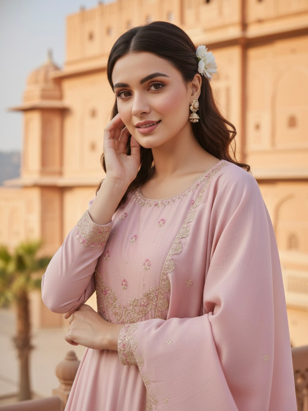 Rose Pink Embroidered Silk Anarkali Kurta With Dupatta Set