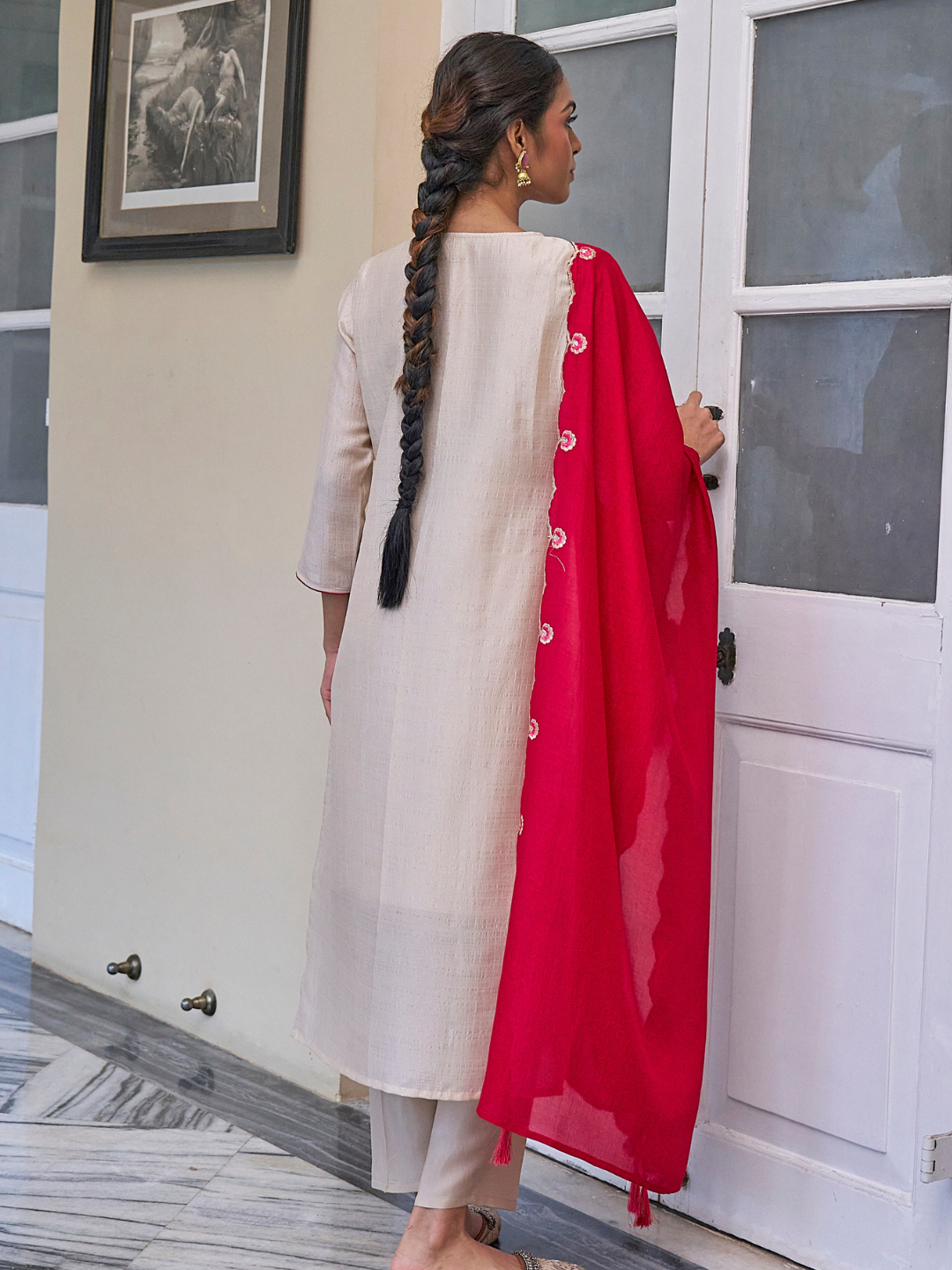 Cream Embroidered Chinon Kurta with Dupatta Set