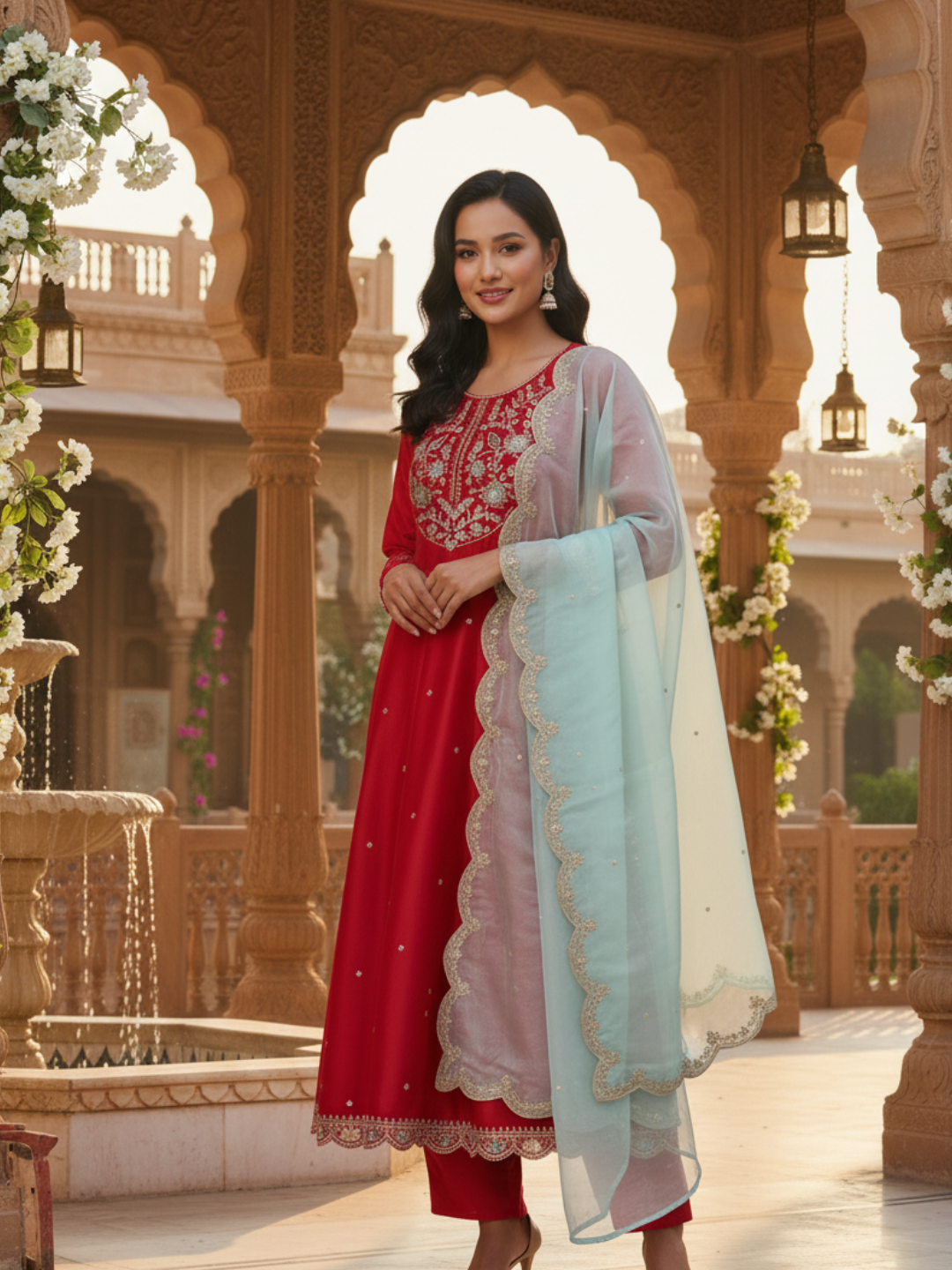 Red Embroidered Anarkali Kurta With Dupatta Set