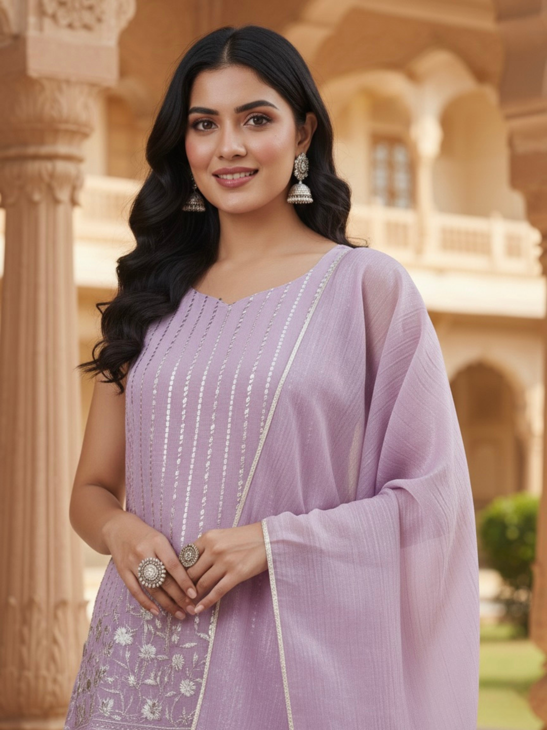 Lavender Silk Embroidered Palazzo Suit with Dupatta
