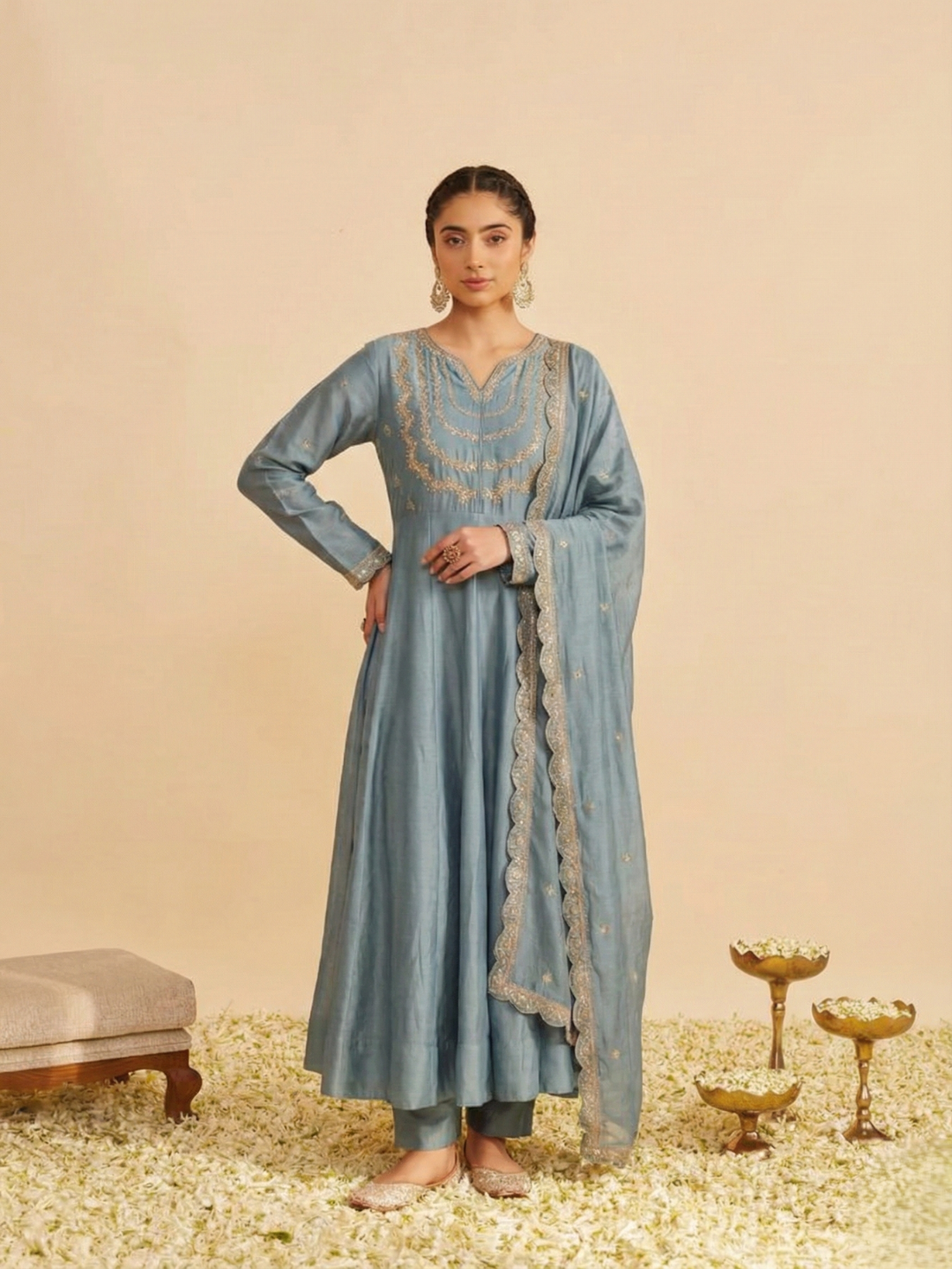 Sky Blue Embroidered Silk Blend Anarkali Kurta With Dupatta Set