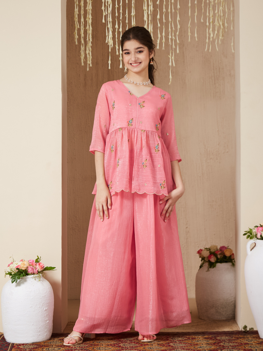 Baby Pink Polyester Embroidered Peplum & Palazzo Set for Girls