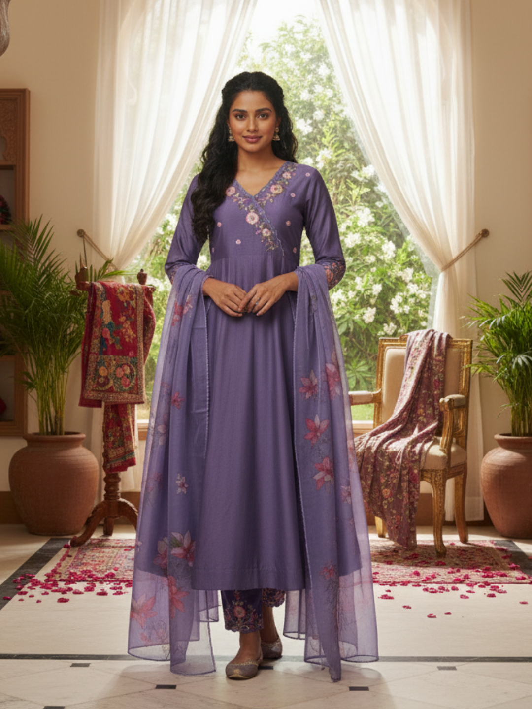 Purple Embroidered Anarkali Kurta Set with Printed Dupatta