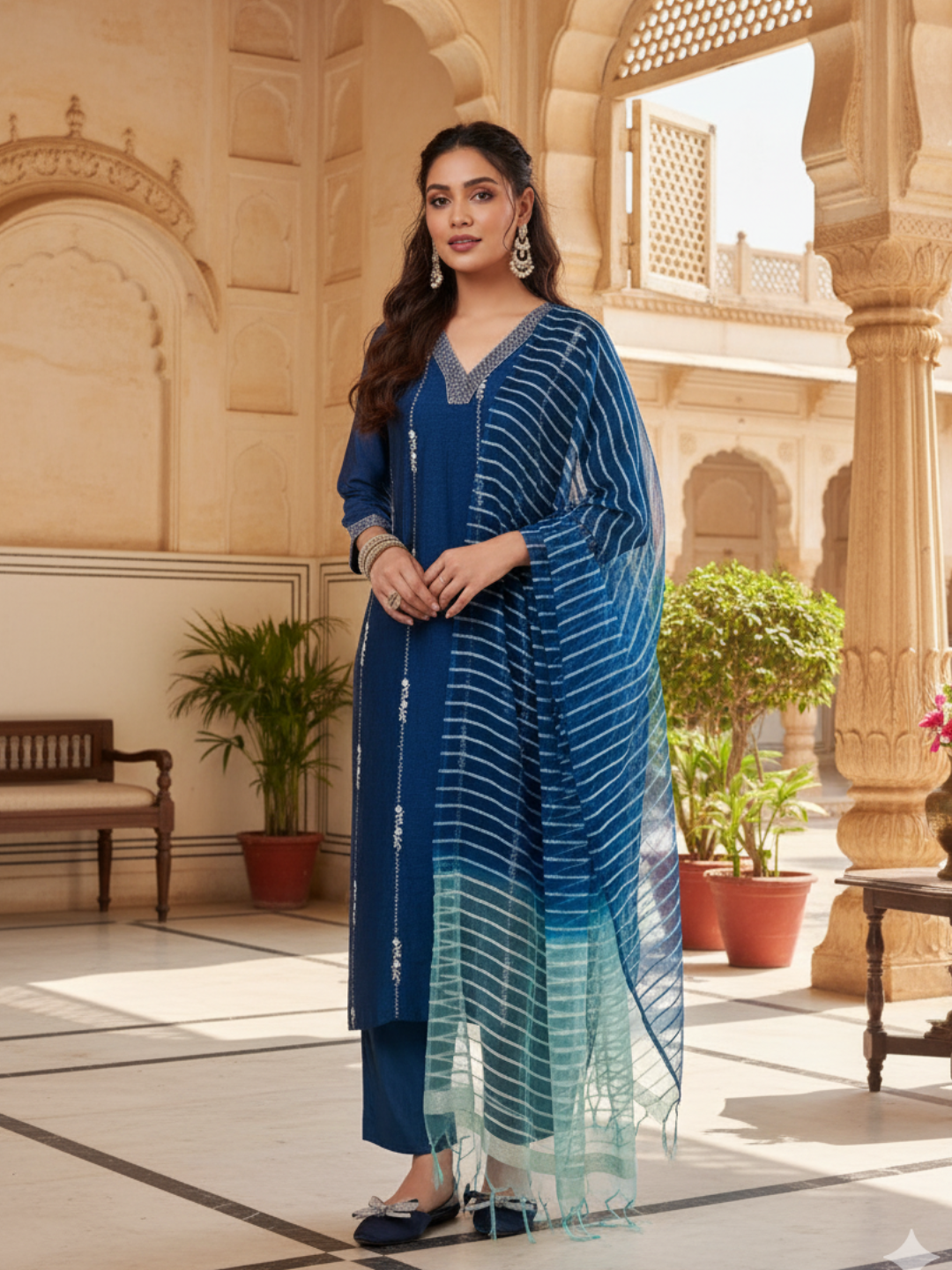 Teal Blue Embroidered Silk Kurta with Dupatta Set