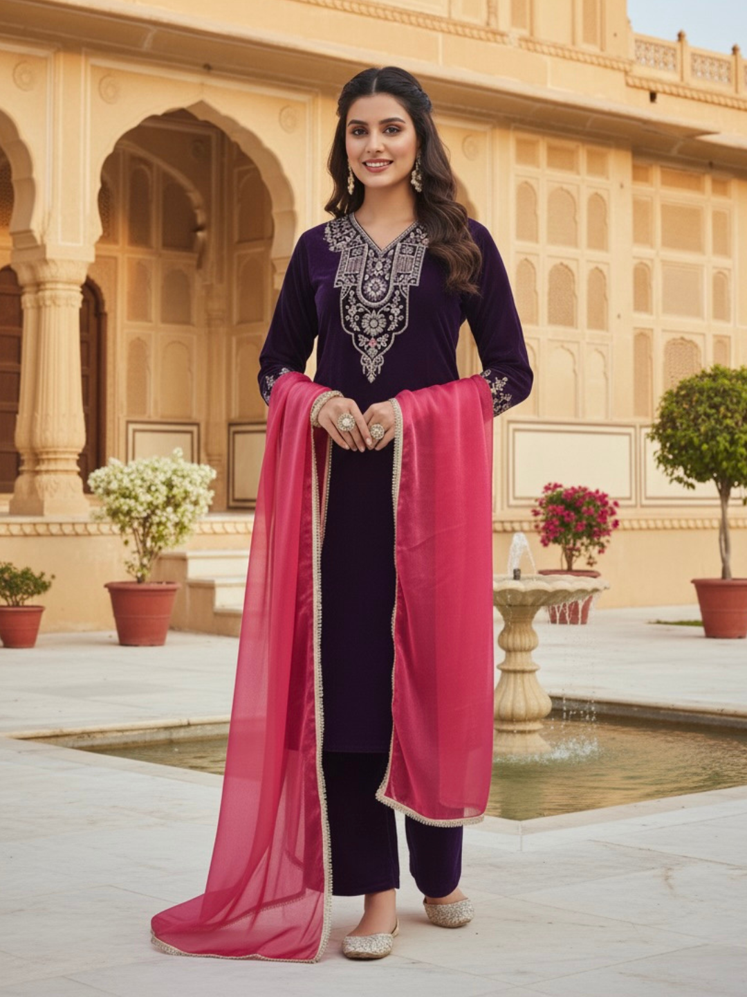 Violet Velvet Embroidered Kurta with pink Dupatta