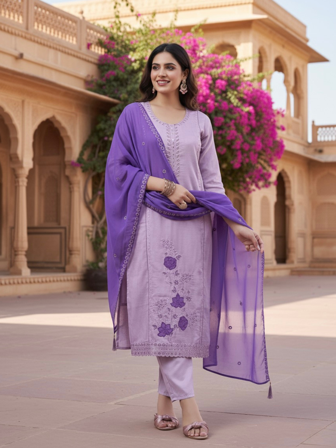 Lavender Embroidered Silk Kurta with Dupatta Set