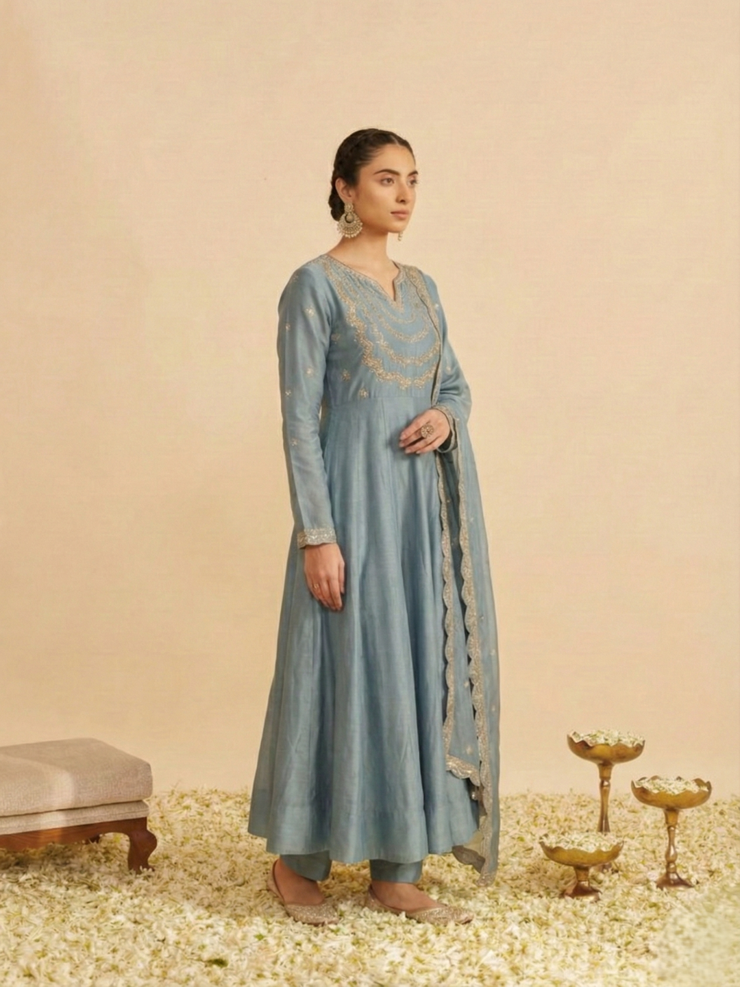 Sky Blue Embroidered Silk Blend Anarkali Kurta With Dupatta Set