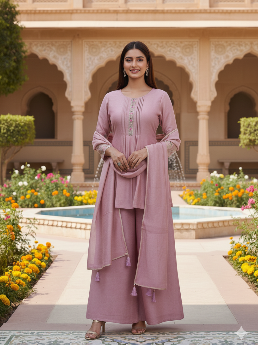 Rose Pink Embroidered Peplum Top with Sharara Set