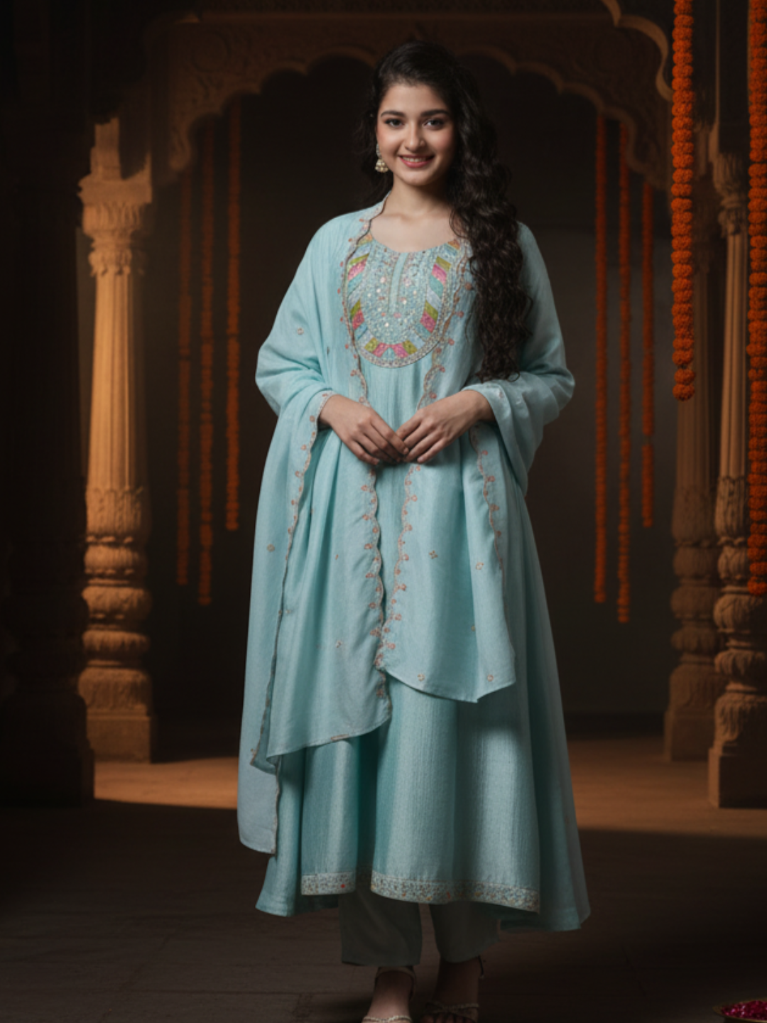Sky Blue Silk Embroidered Anarkali Pant & Dupatta Set for Girls