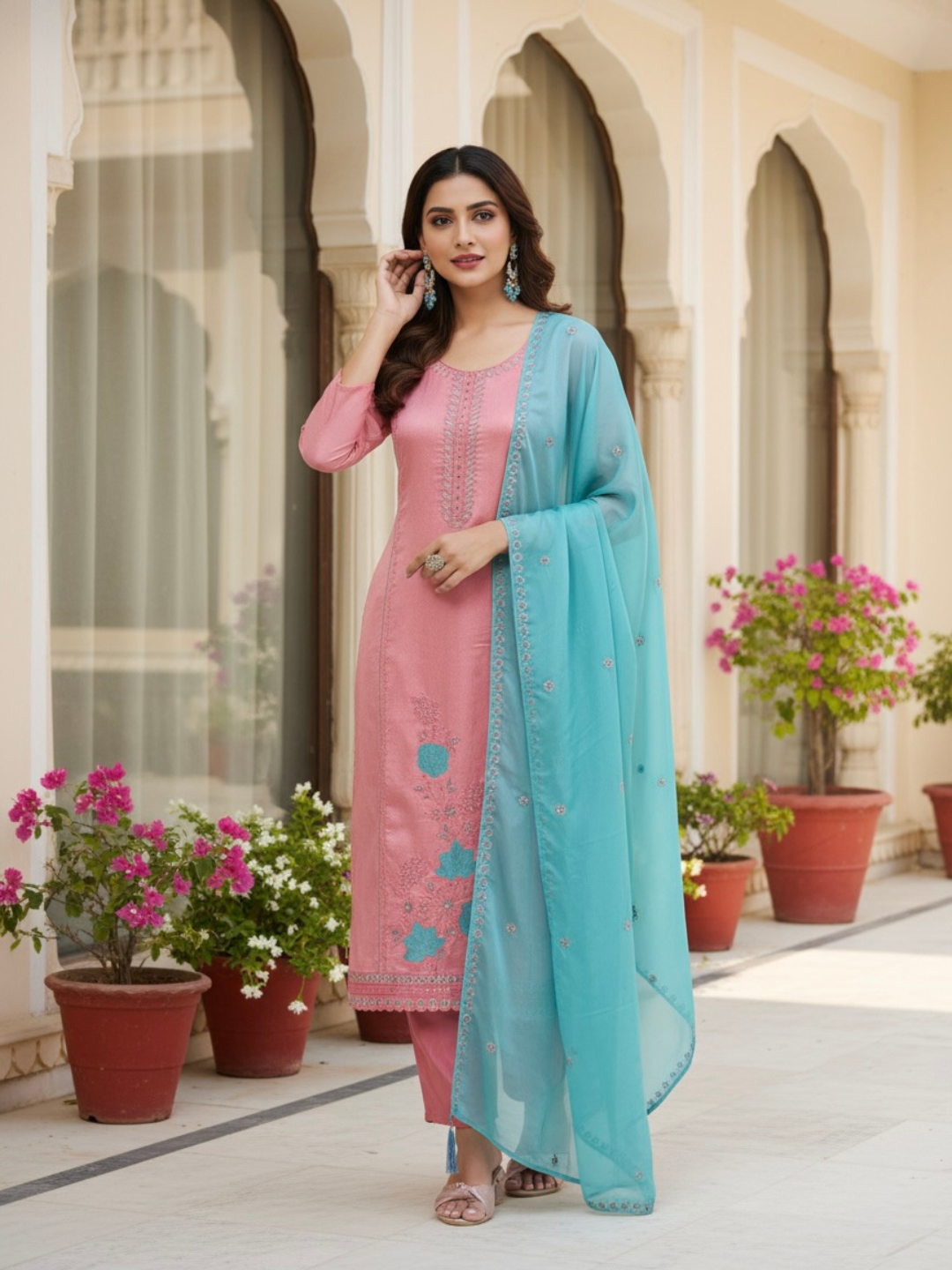 Peach Embroidered Silk Kurta with Dupatta Set