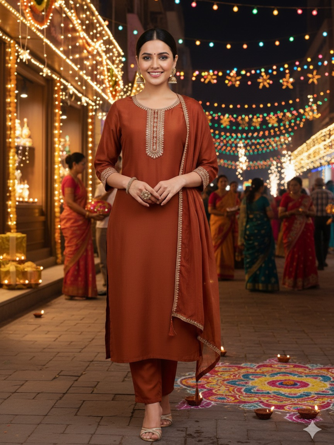 Coffee Embroidered Chinon Kurta with Dupatta Set