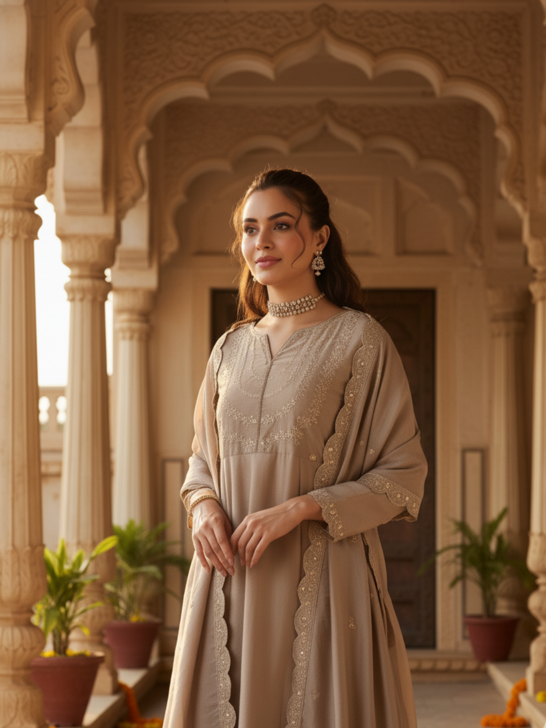 Cream Embroidered Silk Blend Anarkali Kurta With Dupatta Set